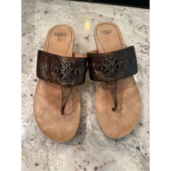 Ugg Bronze Leather Cork Wedge Sandals sz 8 EUC - Picture 1 of 7